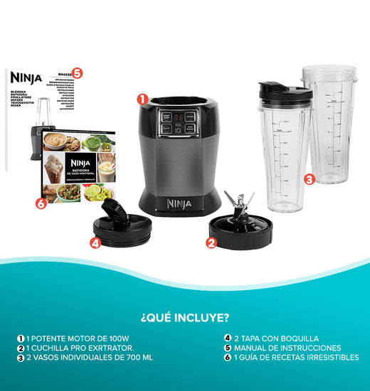 Licuadora Individual Ninja con Auto-iQ® 1000 W, motor de 1000w, 2 vasos individuales de 700 ml, 2 tapa con boquilla