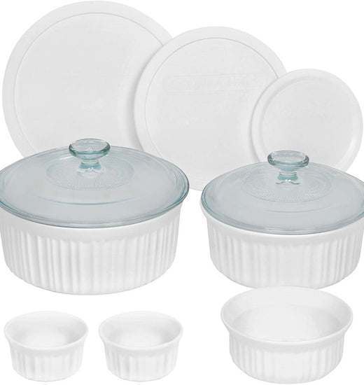 Set de 5 fuentes con tapa de vidrio + plástico French White Corningware